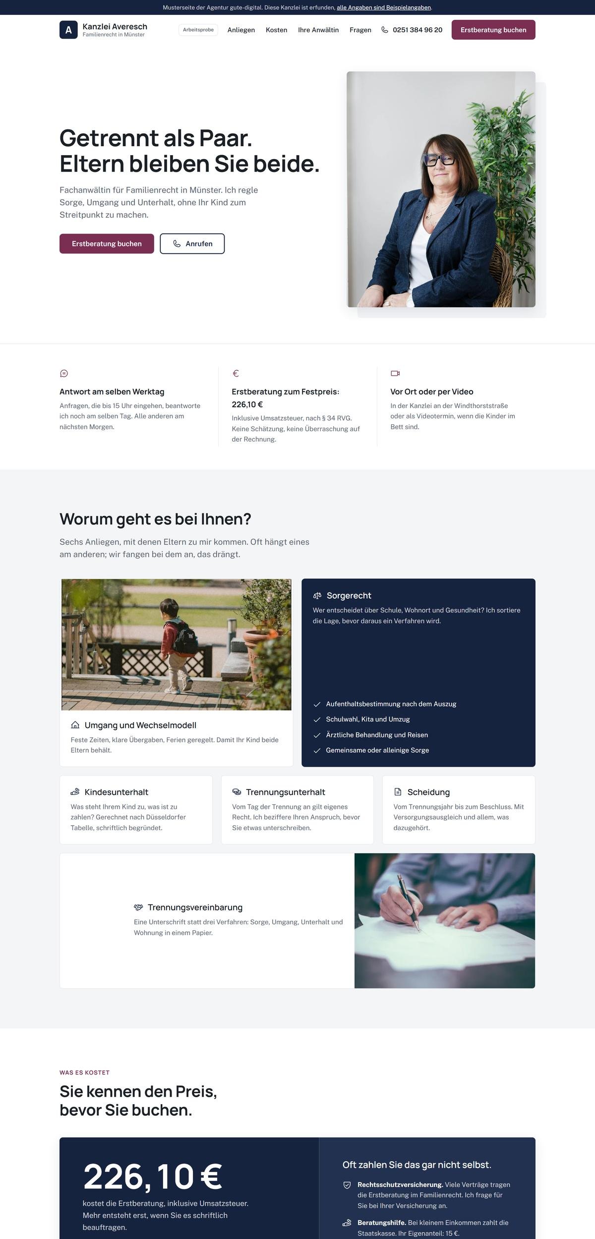 Bildschirmfoto der Startseite: Anwaltskanzlei für Familienrecht in Münster