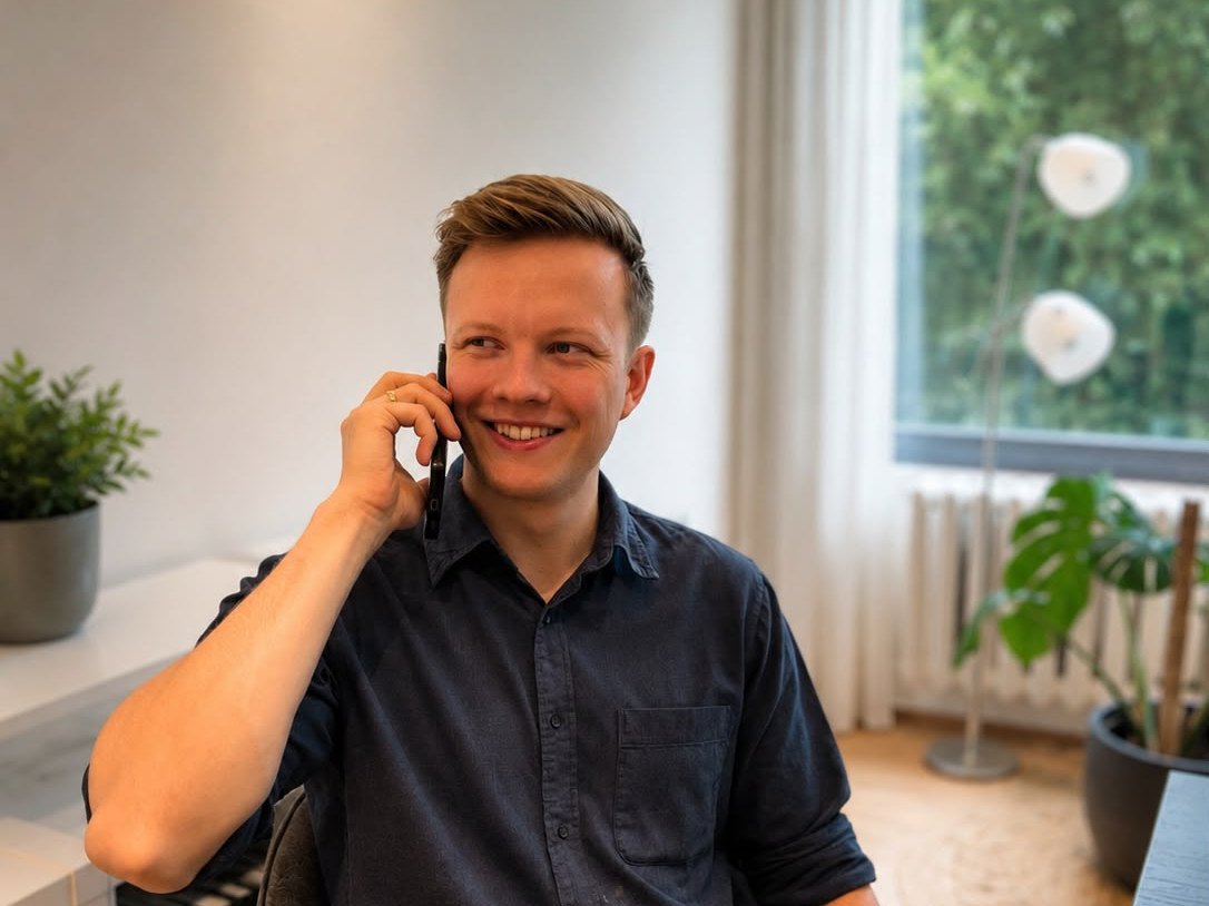 Michael Gute am Schreibtisch, im Gespräch mit einem Kunden am Telefon