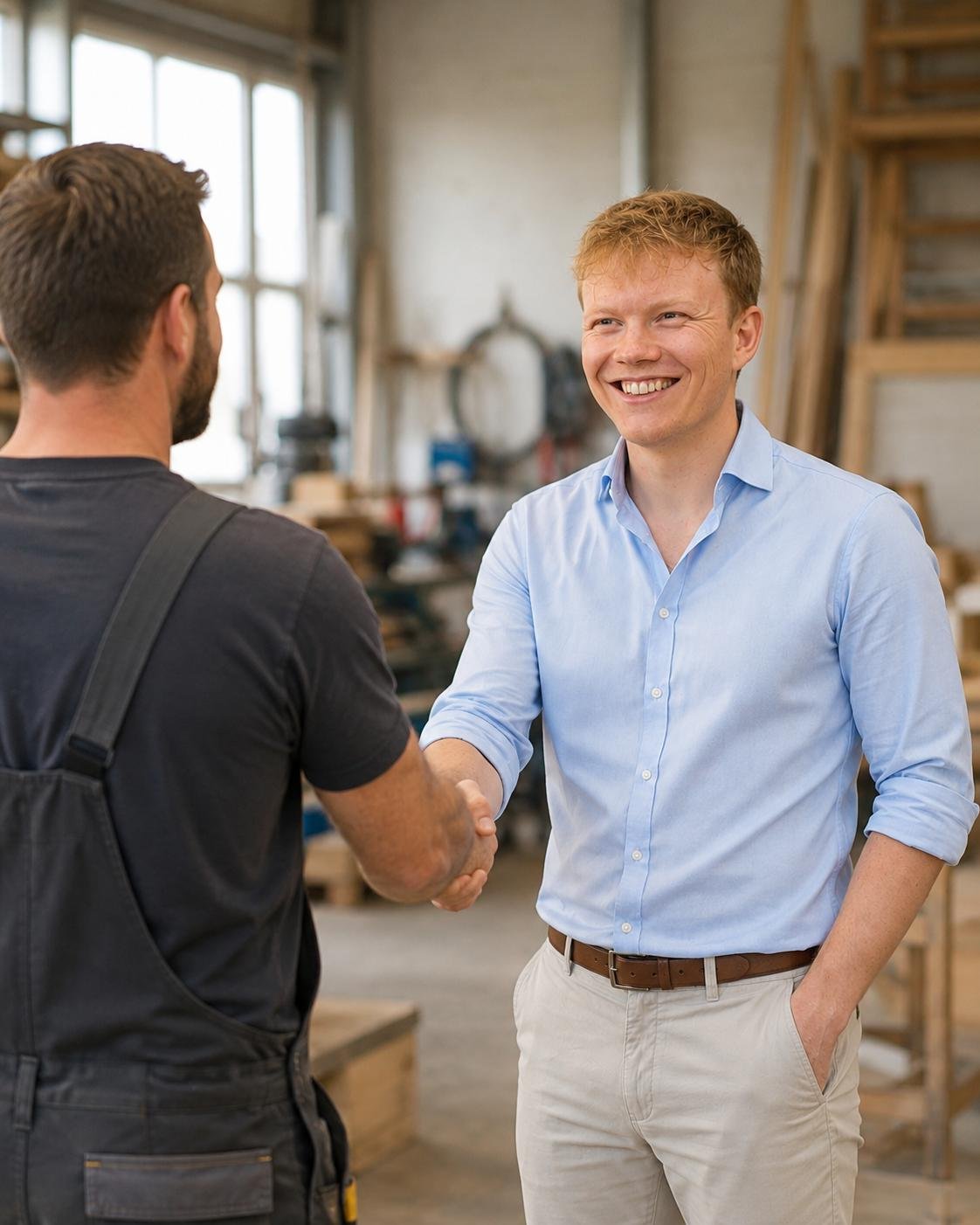Foto: Michael Gute im Gespräch beim Kunden im Betrieb, hoch 4:5